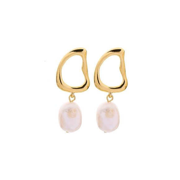 Geometric Oval Gold Pearl  Earrings - Picture 4 of 4